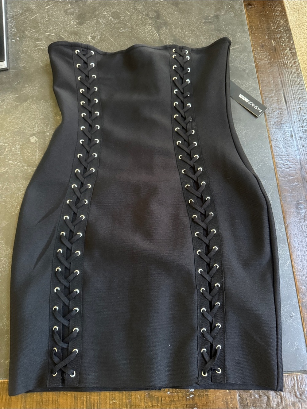 Fashion Nova Black Strapless Lace-Up Bodycon Dress Medium NWT